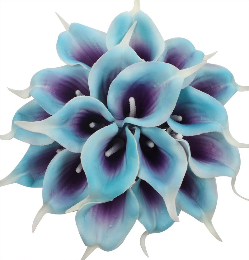 Duovlo 20pcs Calla Lily Bridal Wedding Bouquet Lataex Real Touch Artificial Flower Home Party Decor (Purple in Blue) - Image 1